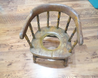 Antique Wooden Potty Chair with Hole, Primitive Home Decor, Repurpose Plant Holder, 1800s