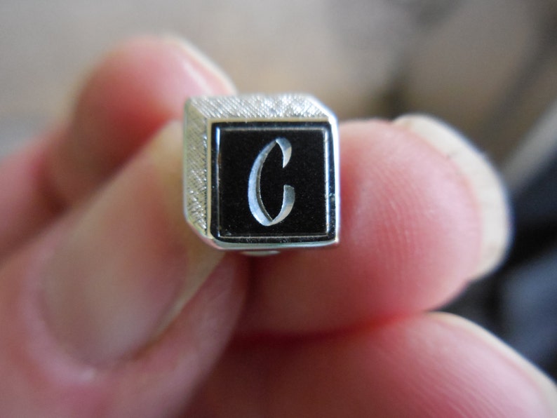 Vintage 1960s to 1970s C Silver Tone and Black Swank Tie Tack Square NOS Letter Initial Mans Accessory