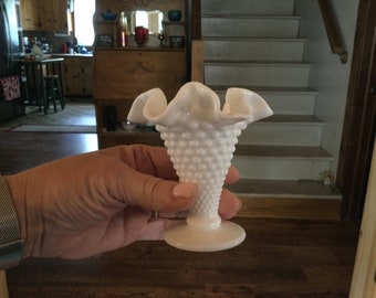 Vintage Milk Glass Hobnail Flower Vase Unmarked or Fenton Home Decor Display Ruffled Edges Tapered Collectible 1960s 1970s