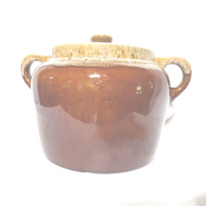 Vintage Rulel Brown Bean Pot, Small with Drip Glaze, Double Handle, USA