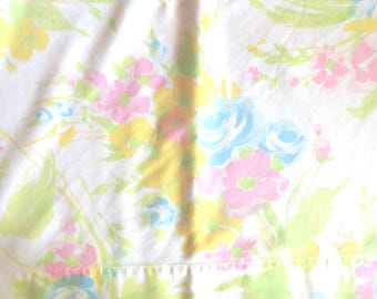 Vintage Floral Twin Sheet, 1970s Yellow Blue Pink Flowers