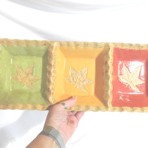 May include: A rectangular serving dish with three square compartments in green, orange, and red. Each section features a leaf design. The dish has a scalloped edge and is held by a hand.