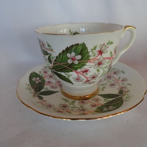 Vintage Royal Stafford Teacup & Saucer Set Bone China Made in England Light Pink Small Flowers Gold Trim Green Leaves Display image 1