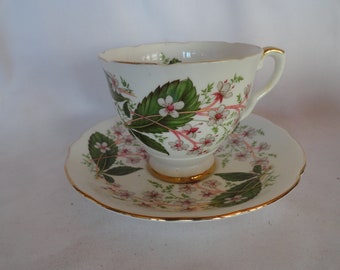 Vintage Royal Stafford Teacup & Saucer Set Bone China Made in England Light Pink Small Flowers Gold Trim Green Leaves Display
