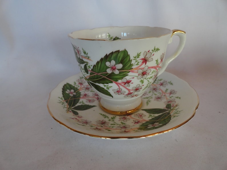 Vintage Royal Stafford Teacup & Saucer Set Bone China Made in England Light Pink Small Flowers Gold Trim Green Leaves Display image 1