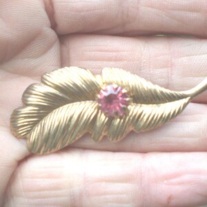 Vintage Feather Pin Pink Rhinestone 1960s 1970s Brooch Upcycled Pin Gold Tone Ladies Gift