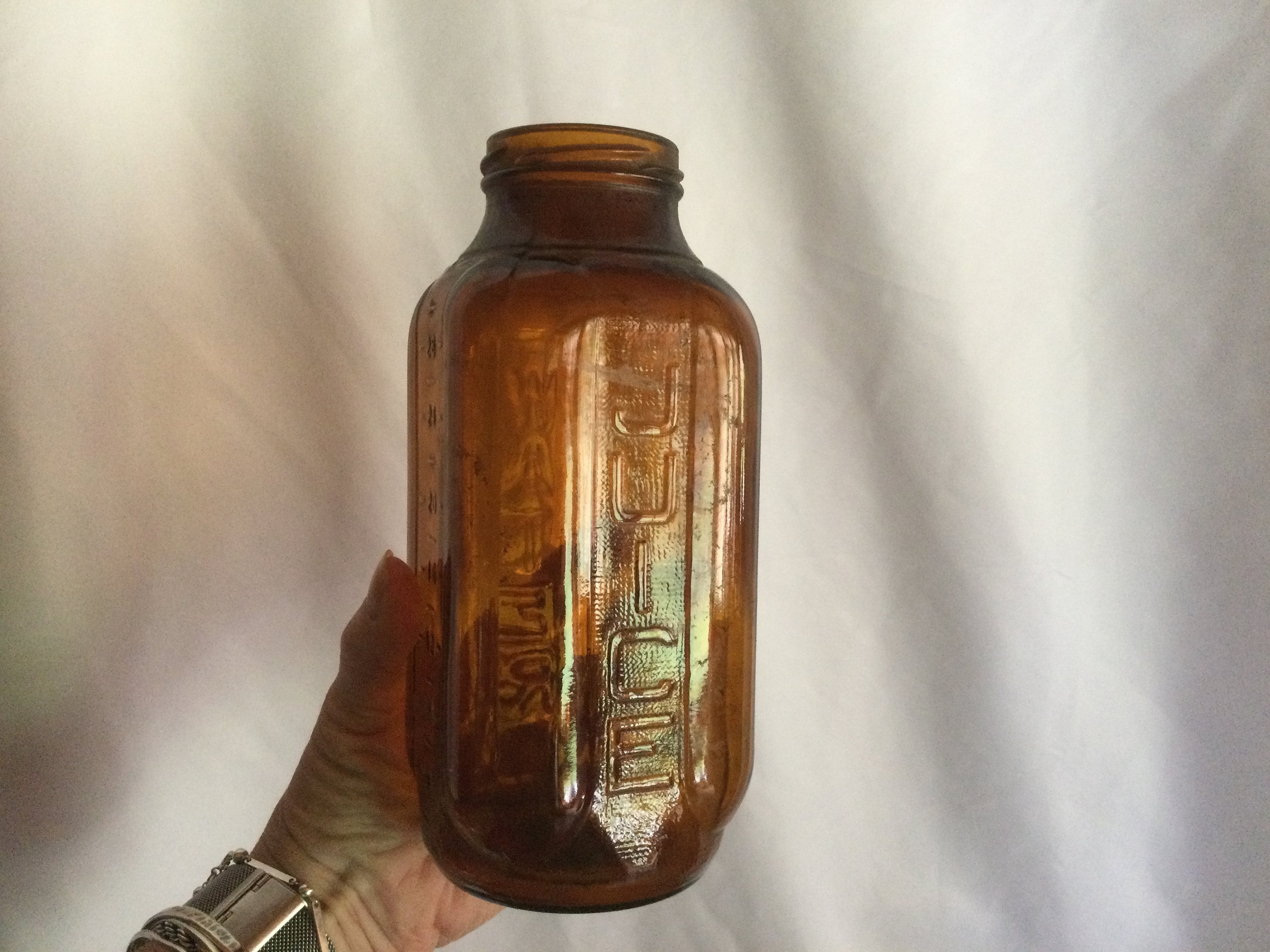 Water Bottle Brown Vintage Juice Glass Tall Square Embossed Fall