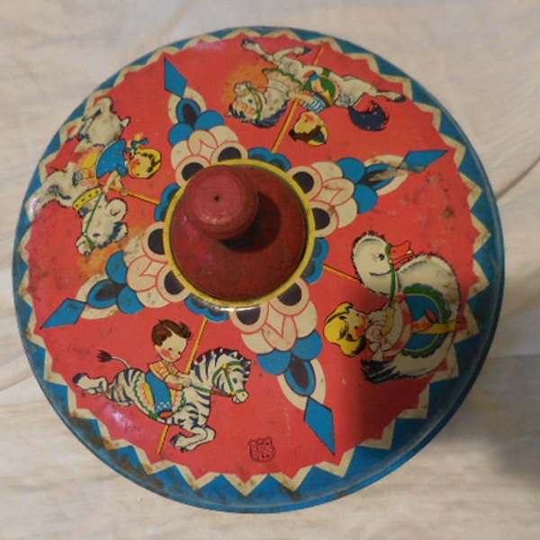 Vintage J. Chein & Co. Round Metal and Wood Toy Top Spinning Retro Colorful Children Decor Display Goose/Zebra/Bear/Horse Red/Blue 1950s