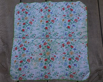 Vintage Fabric Napkin Tiny Bright Little Flowers Lime Green/Red/Blue/Yellow Pillow Cover Square 1970s 1980s