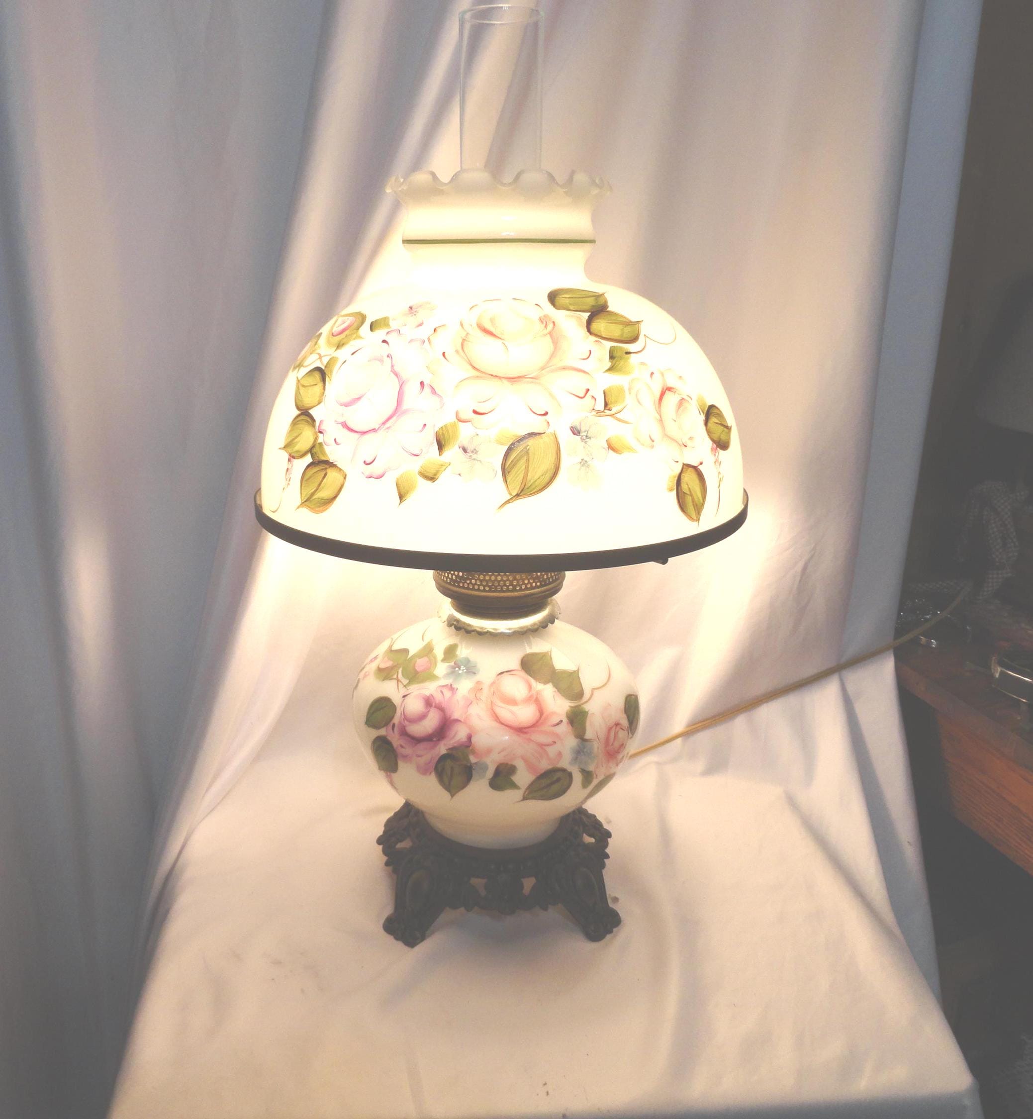 Vintage Milk Glass Hand Painted Lamp Large Pink Roses Purple Blue