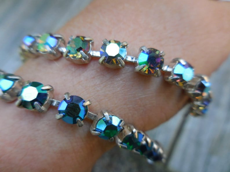 Vintage 1950s to 1970s Silver Tone Iridescent Pronged Rhinestone Bracelet Either BlueGreen or PinkPurple Snap Clasp Retro 1