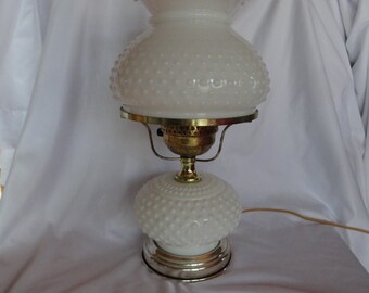 Vintage Hobnail Milk Glass Lamp Round Globe & Chimney Farmhouse Country Home Decor Accent Light  1950s to 1970s Gold Tone