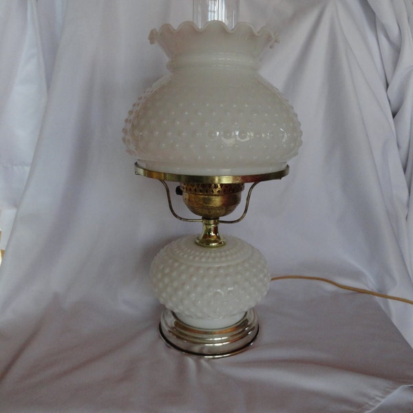 Vintage Hobnail Milk Glass Lamp Round Globe & Chimney Farmhouse Country Home Decor Accent Light  1950s to 1970s Gold Tone