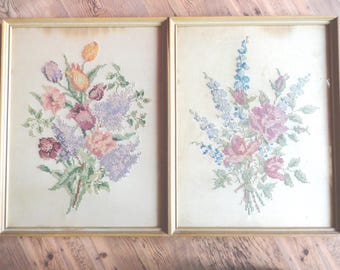 Vintage Framed Embroidered Floral Wall Art, Handmade Decor