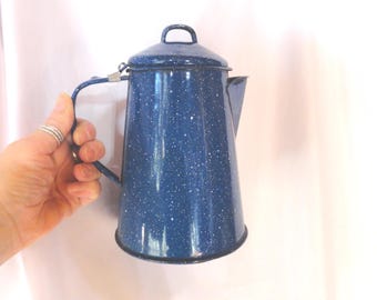 Vintage Blue Enamel Coffee Pot White Speckles Farmhouse Country