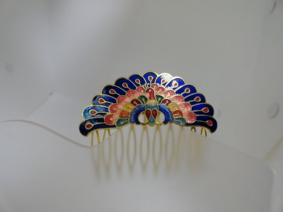 Vintage Women's Cloisonne Hair Comb Peacock Multi… - image 4