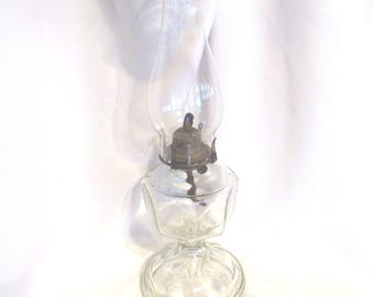 Vintage Scovill Hurricane Oil Lamp, Embossed Sunburst, Clear Glass, Farmhouse Decor, 1850s-1960s