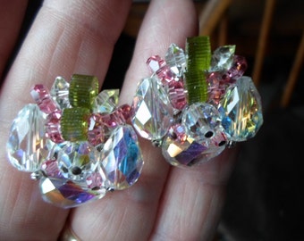 Vintage Women's Vendome Earrings Green Pink & Iridescent Glass Clip on and Screw Back Silver Tone Beaded Non Pierced Wedding 1950s 1960s