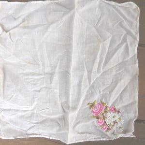 Vintage 1950s Embroidered Handkerchief Pink Roses Something Old 1960s Small Reusable Cotton Hanky
