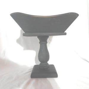 Vintage Wooden Pedestal Bowl, Square Pine Wood, Flat Black Centerpiece, Scheibe