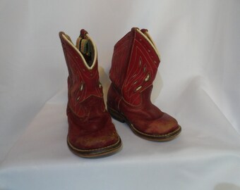 Vintage B.F. Goodrich Little Boys Cowboy Boots Red & White Inlay Leather Stitching Tiny Worn Display Southern Home Decor 1950s 1960s