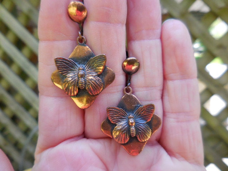 Vintage 1960s to 1970s Copper Screw Back Earrings Non Pierced Dangle Butterflies Retro Mid Century