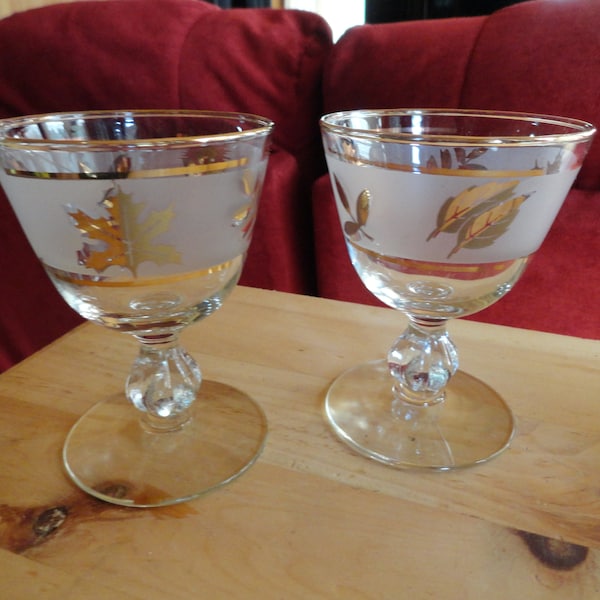Vintage Libbey Starlyte Drinking Glasses Gold Leaves Frosted & Clear Small Set of Two Stemmed 1950s 1960s Collectible Short Barware Pair