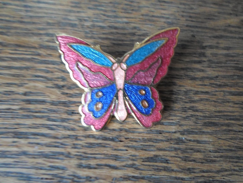 Vintage Women's Small Cloisonne Butterfly Pin Colorful Brooch Gold Tone Blue/Red/Green Insect Ladies Gift Girl's Gift 1970s 1980s image 2