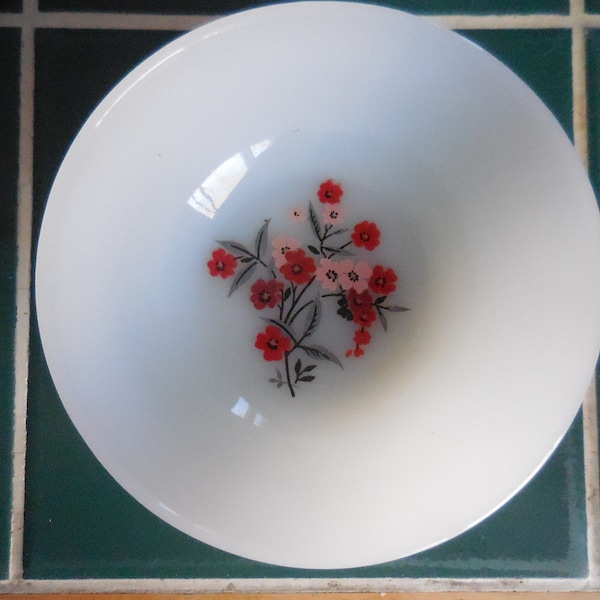 Vintage Fire-King Milk Glass Pink & Red Flower Bowl Small Dessert Ice Cream Decorative Ovenware Retro Art Deco Era 1940s 1950s