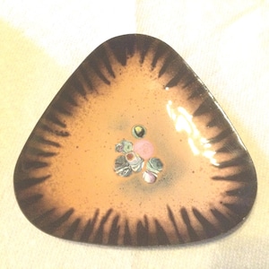 Vintage Enamel Trinket Dish Triangle Beige & Multi Color Triangular Copper Candy Dish Display Home Decor 1960s 1970s Metal