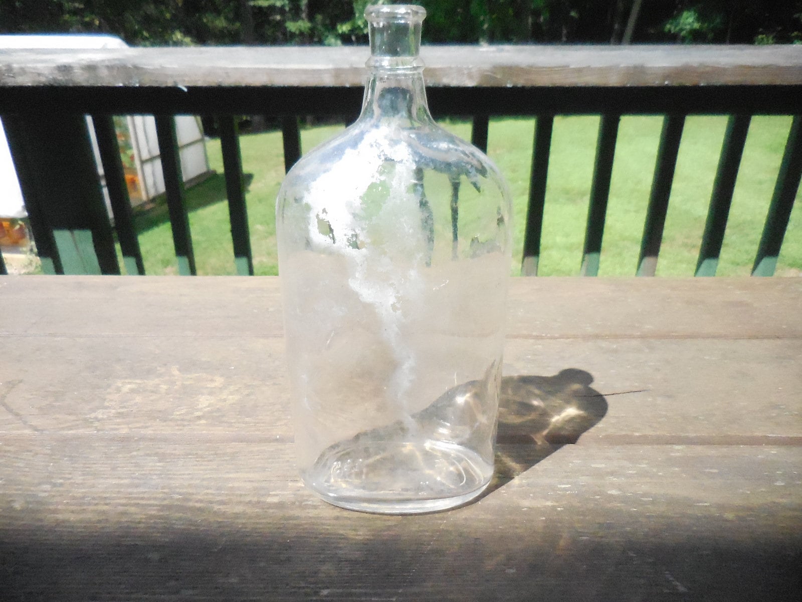 Vintage Large Clear Glass Bottle With Cork Top, Skinny Neck, Home