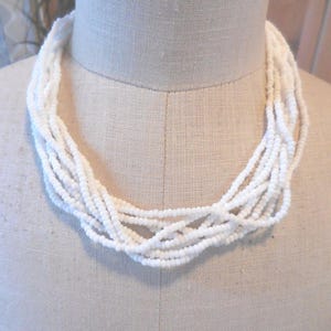 Vintage Trifari White Bead Necklace Seed Beads 8 Strands Gold Tone 1980s Ladies Multi-Strand Chunky