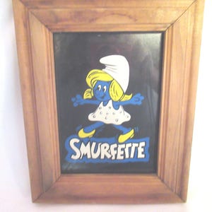 Vintage Smurfette Wall Hanging Framed Picture Small Child's Room Decor 1980s Cartoon Blue White Yellow & Black Girl Smurf Female Smurf