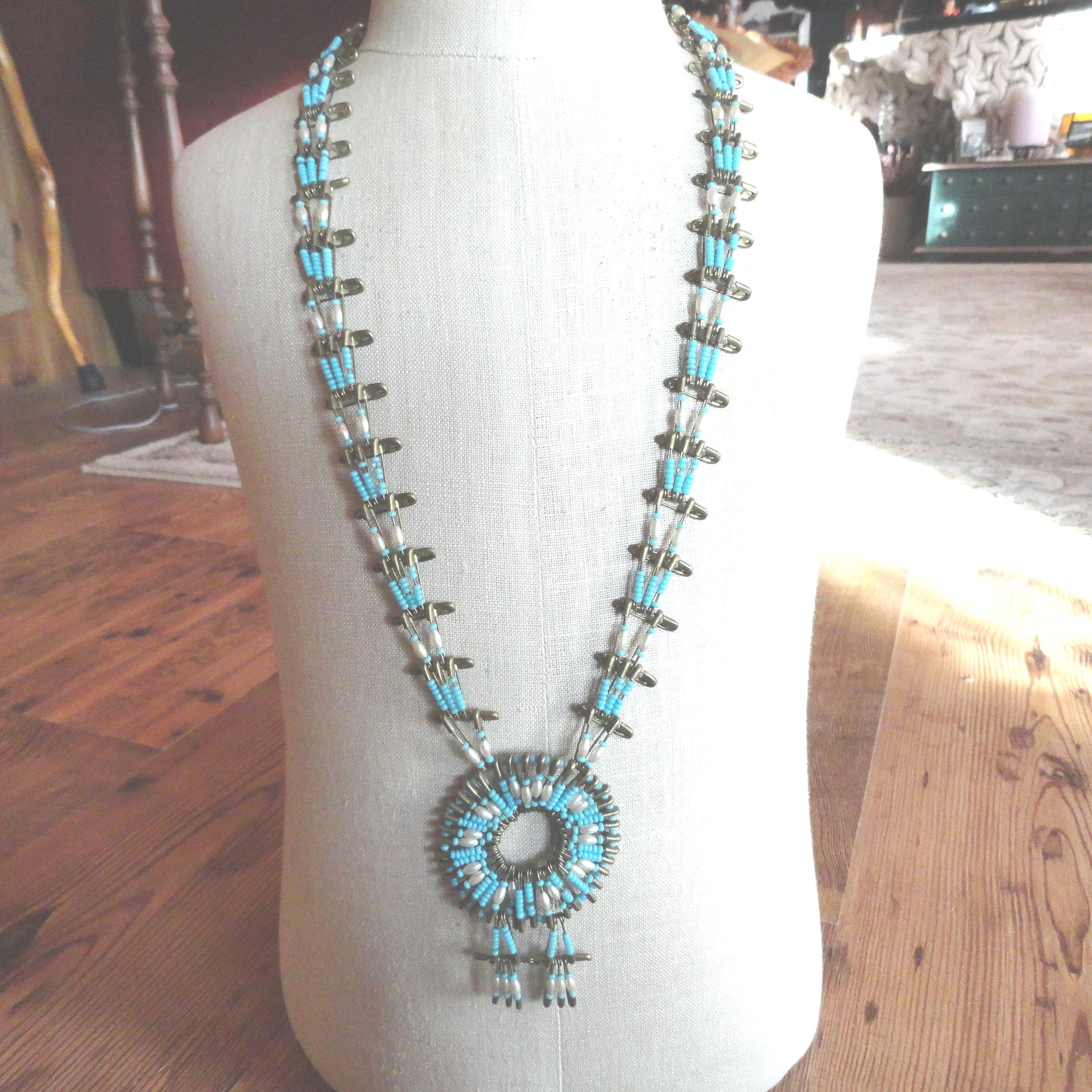 Vintage Squash Blossom Necklace, Handmade, Brass Safety Pins