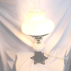 Vintage Milk Glass Lamp, Fancy Home Decor, Accent Light, Gold Tone