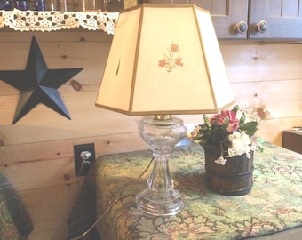 Antique Glass Hurricane Oil Lamp Converted Electric, Farmhouse Decor with Botanical Shade, 1920s-70s