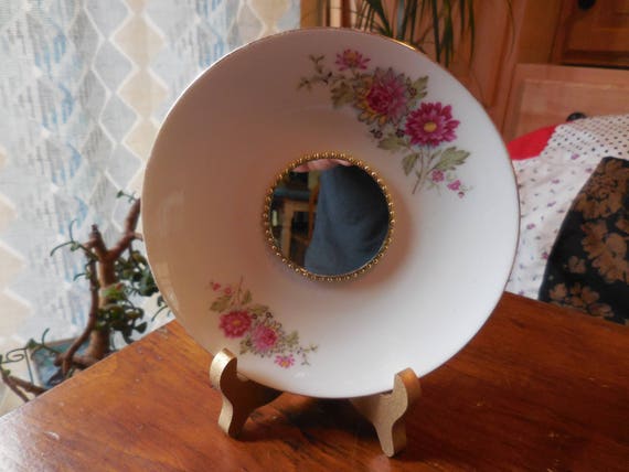 Vintage Upcycled Saucer White & Pink Flowers Tiny Mirror Retro Small Decor  Self Standing Wall Hanging Mirror Gold Trim Round Decorative 