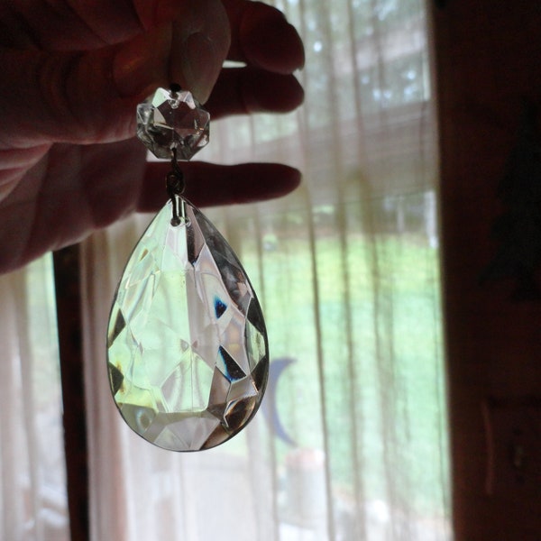 Vintage Teardrop Clear Chandelier Crystal Glass Faceted Single Jewelry Recycling Repurposing Octagonal Beads on Wire Hooks