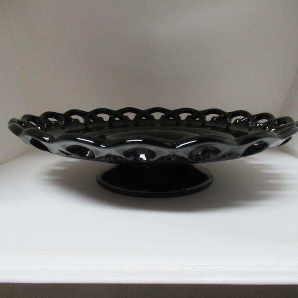 Vintage Black Amethyst Glass Pigeon Blood Pedestal Dish Round Candy Nut Lacey Display Home Decor Retro 1950s to 1970s