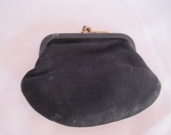 Vintage Small Black Fabric Change Purse Kiss Lock Material Gold Tone Metal Tiny Coin Purse 1930s to 1950s