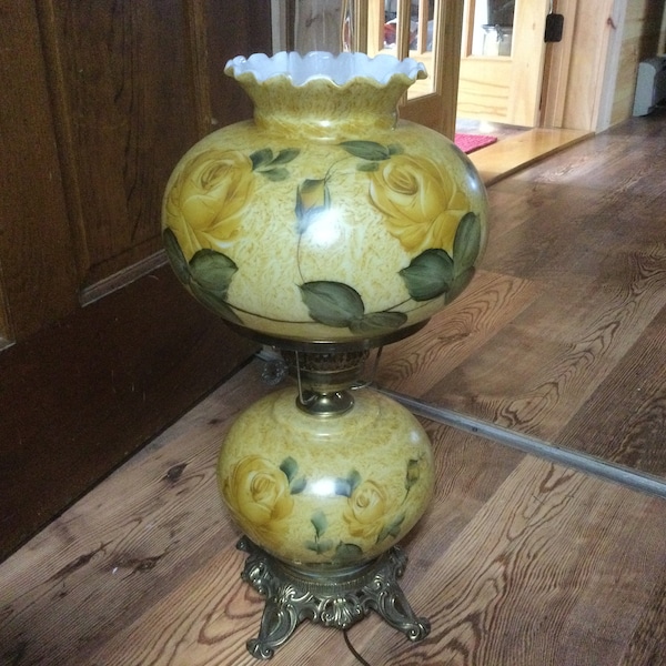 Vintage Gold & White Brass Glass Double Globe Light Lamp Parlor Living Room 1960s 1970s Home Decor Gone with the Wind Style Roses Leaves