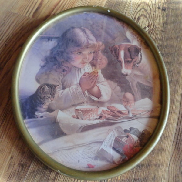 Vintage Girl Dog & Kitten Oval Wall Hanging Praying in Bed Gold Tone Wood Framed Art 1940s to 1960s Charles Burton Barber