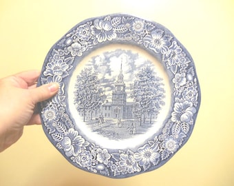 Vintage Blue Transferware Plate, Liberty, Independence Hall, Ironstone, England, 1960s -70s