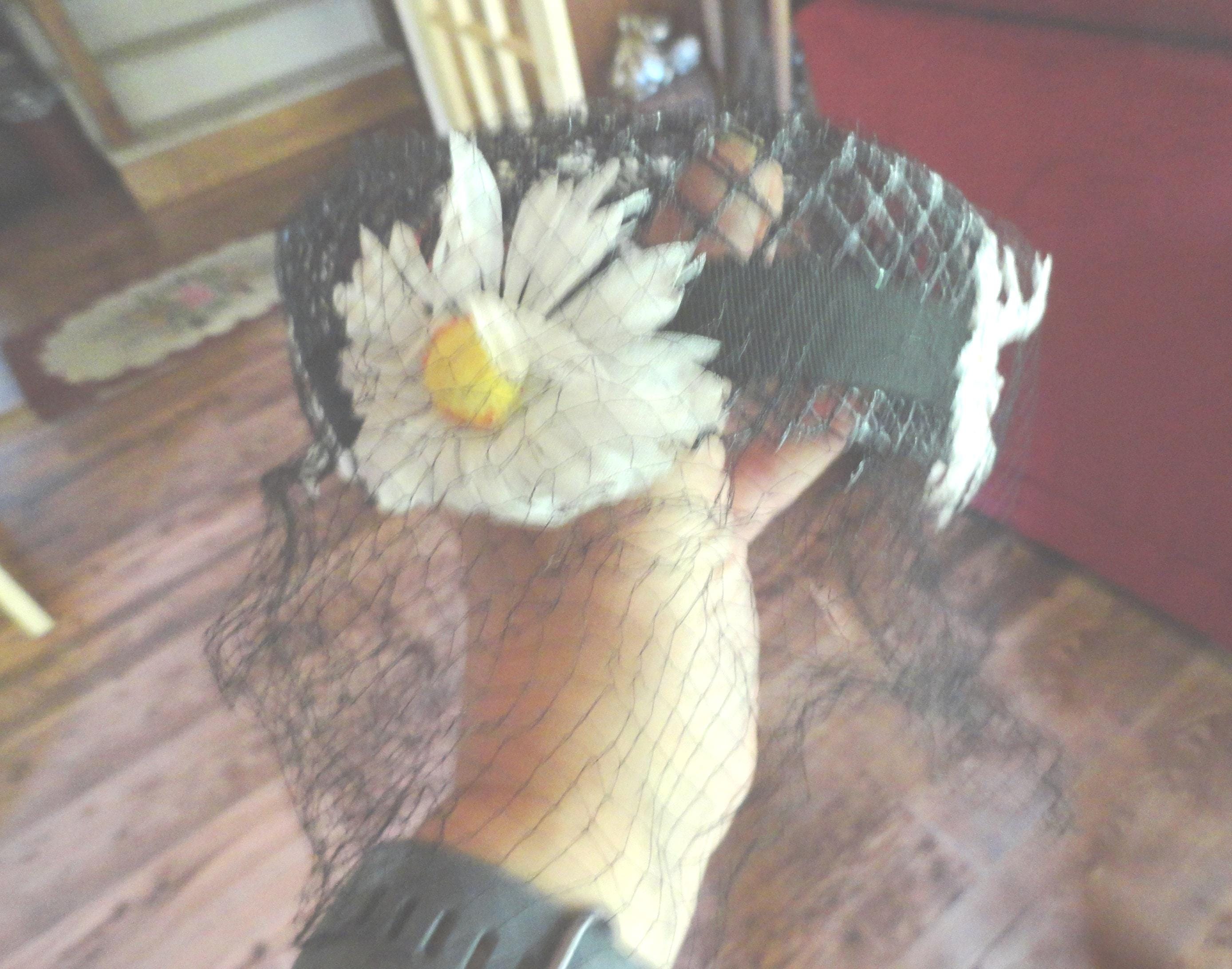 Vintage Black Hat With White Daisy Flowers, Netting & 2 