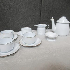 Antique Enamel Children's Tea Set Black Trim Coffee Serving Teapot Sugar Creamer 4 Cup and Saucers Tiny Miniature Enamel Display Kid's