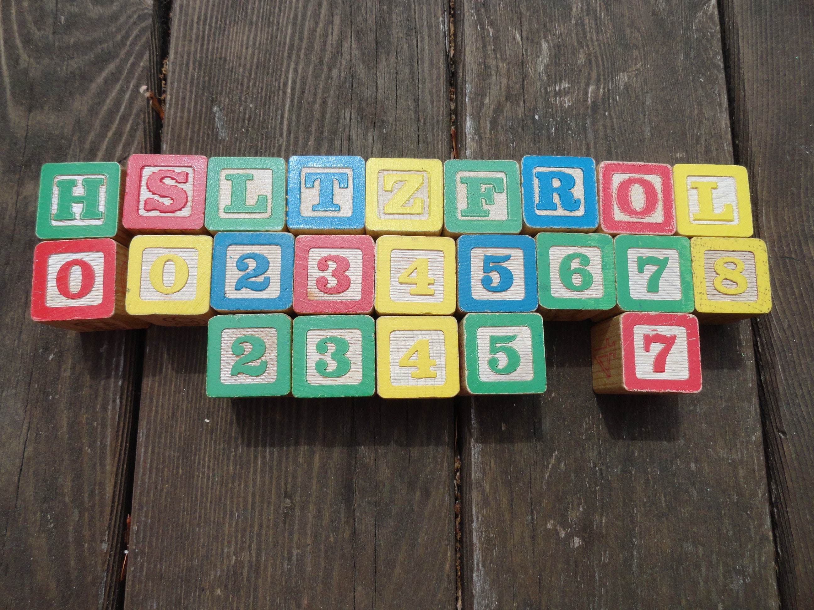 Vintage Wooden Toy Alphabet Blocks, Letters, Numbers, Set of 23