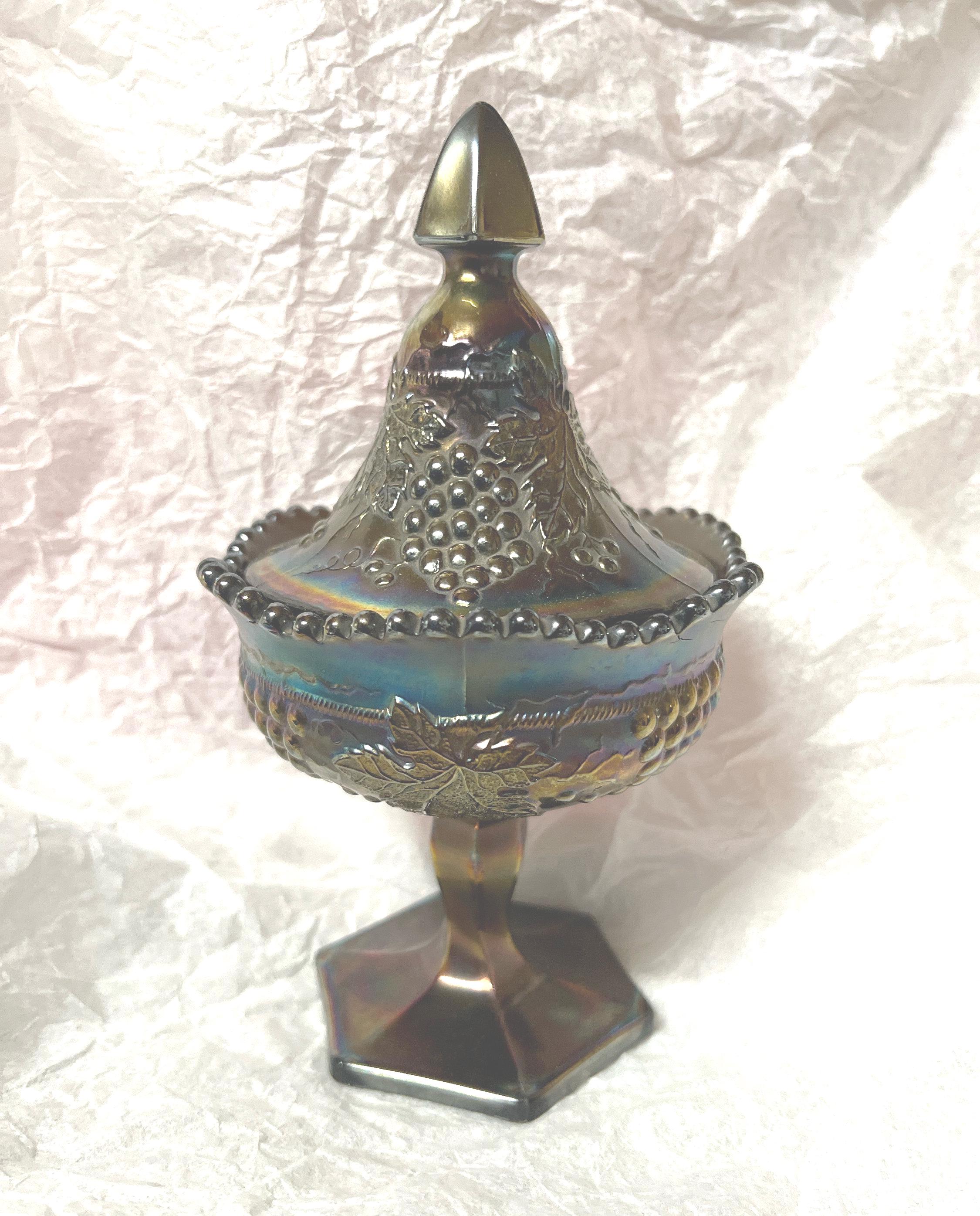 Antique Northwood Carnival Glass Lidded Dish, Grape & Cable