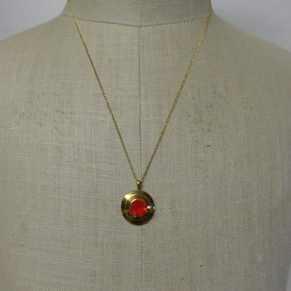 Vintage Women's Red Rhinestone & Gold Filled Chain Necklace Dainty Bright Red Pronged Round Handmade From 1950s Earring Upcycled Gift