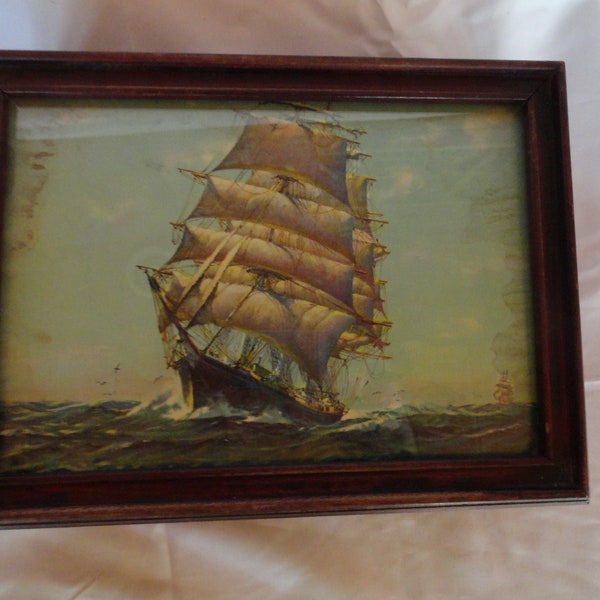 Vintage Clipper Ship Stationery Box Man's Dresser Dark Brown Wooden Box Mirror Inside Hinged Man's Jewelry Glass Top Dresser 1930s 1940s