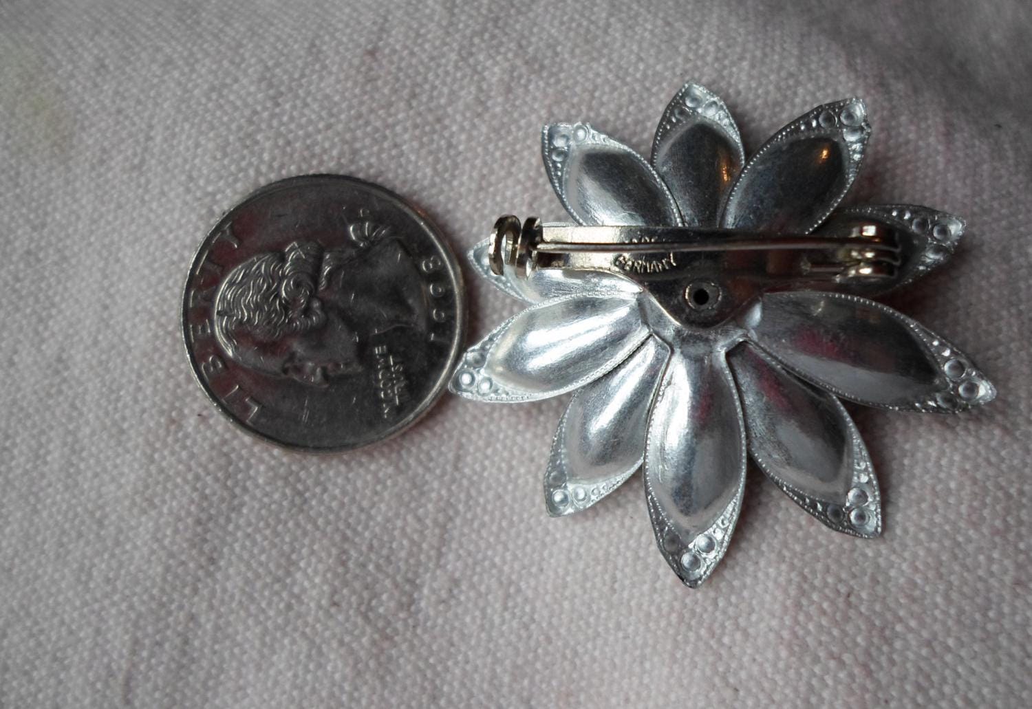 Vintage German Black Flower Pin Silver Tone Lightweight